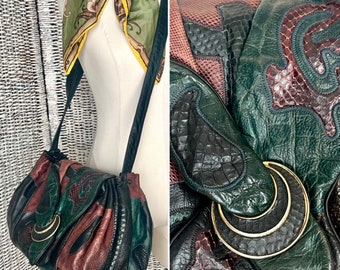 Vintage Leather Purse, SHARIF, Croc Embossed, Reptile, Jewel Tones, Large Bucket Bag, Cross Body Satchel, Made in USA