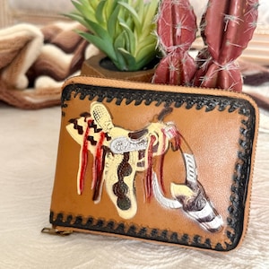 Vintage Tooled Leather Wallet, Zip Around Closure, Cowboy Western Design, Small Clutch, 50s 60s Kitschy