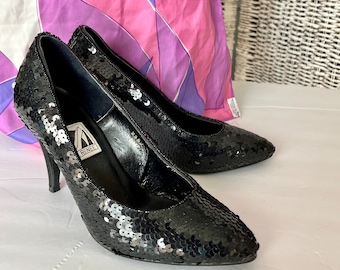 Sparkly Black Heels, Sequins Stilettos, Vintage 80s Pumps Shoes, Rockabilly Pin Up