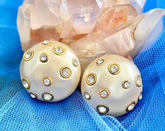 Big Bold Earrings, Kenneth Lane, Vintage 80s 90s, Faux Pearl Cabochons, Rhinestones Clip On Style