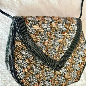 Glitzy Beaded Clutch, Geometric Shape, Black Pewter Bronze, Seed Beads, Cocktail Purse, Optional Strap, Vintage 80s 90s image 2