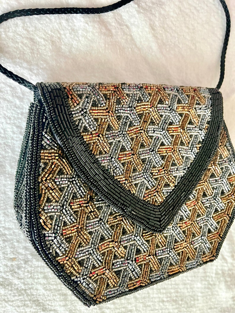 Glitzy Beaded Clutch, Geometric Shape, Black Pewter Bronze, Seed Beads, Cocktail Purse, Optional Strap, Vintage 80s 90s image 2