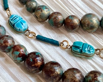 Reworked OOAK Necklace, Statement Piece, Triple Strand, Scarabs, Beads, Restyled Upcycled Vintage