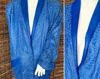 Vintage 80s Blue Leather Jacket, Embossed Pattern, Ultra Blue, Snap Front, XL
