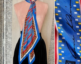 Long Silk Scarf, Geometric Stripes, Anne Klein Vera, Lion Logo Signature, Vintage 70s 80s