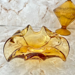 Ruffled Art Glass Bowl, Large, Golden Amber Clear, Bubbles, Murano, Abstract, Blown Glass, Dresser Dish, Ash Tray, Vintage image 3