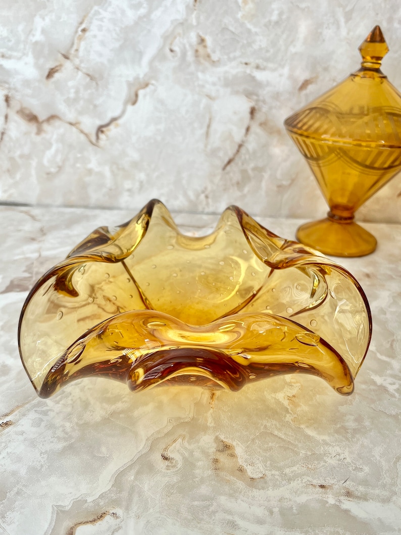 Ruffled Art Glass Bowl, Large, Golden Amber Clear, Bubbles, Murano, Abstract, Blown Glass, Dresser Dish, Ash Tray, Vintage image 3