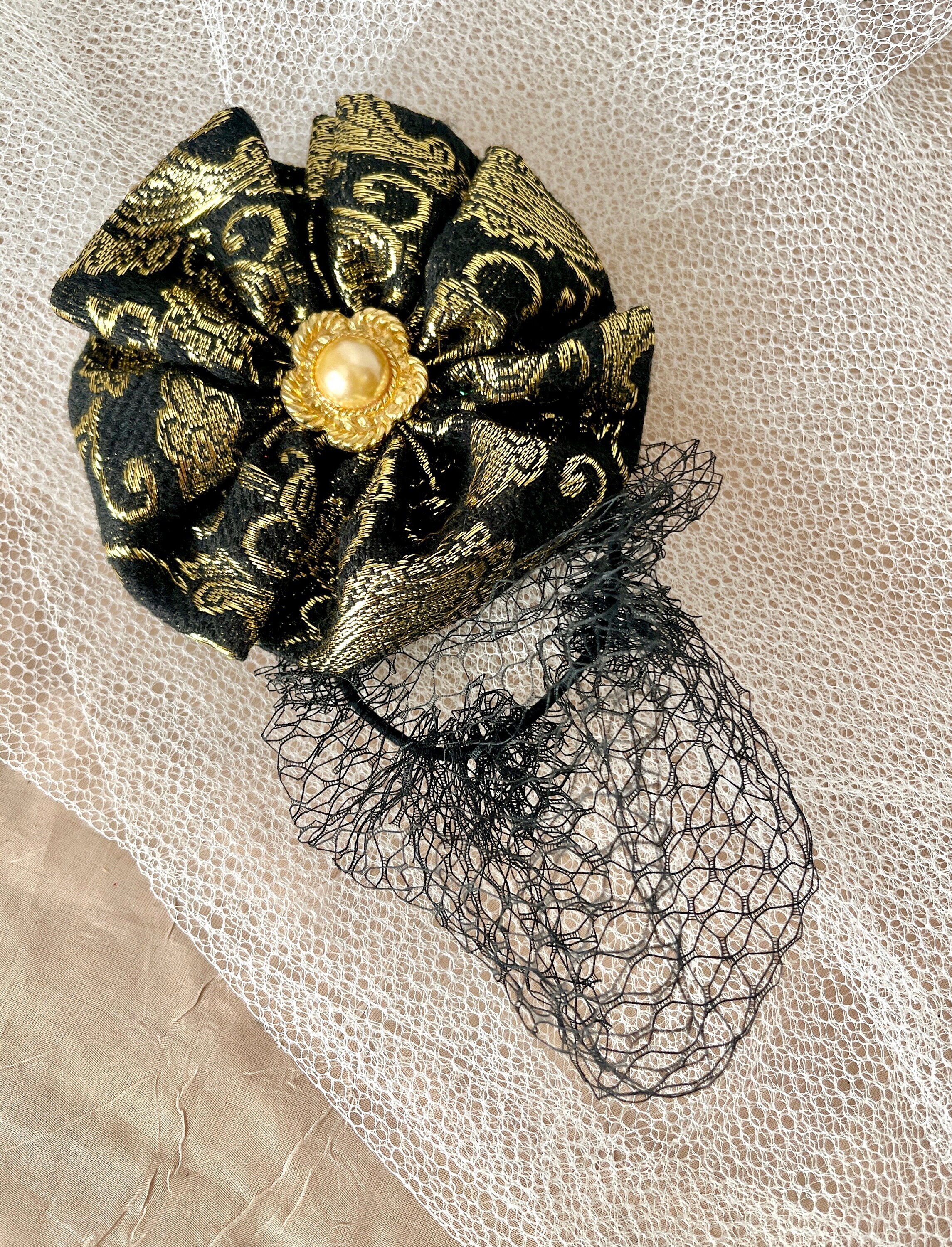 Vintage Hair Snood, Gold Metallic Bow, Hair Net Ornament Vintage Hair Snood, Gold Metallic Bow, Hair Net Ornament