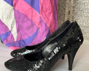 Sparkly Black Heels, Sequins Stilettos, Vintage 80s Pumps Shoes, Rockabilly  Pin Up