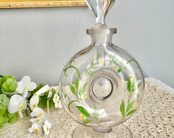 Hand Painted Glass Bottle, Large Size, Glass Lid Stopper, Vintage Home Decor