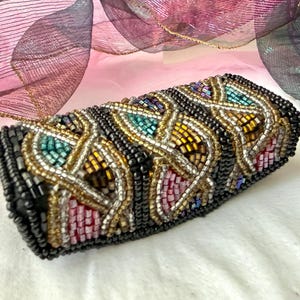 Vintage Compact Lipstick Holder, Multi Beaded, Slim Mirror, 80s 90s Fashion Accessory