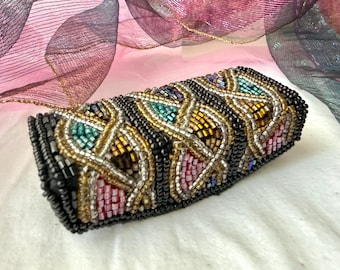 Vintage Compact Lipstick Holder, Multi Beaded, Slim Mirror, 80s 90s Fashion Accessory