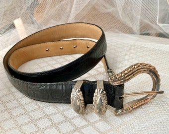 Croc Leather Belt, Brighton, Silver Tone Findings, Vintage 90s 00s