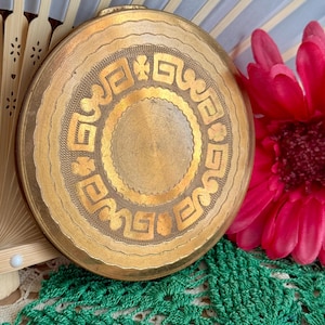 Large Vintage Compact, Intricate Design, Greek Key Design, Gold-Tone Metal, Mid-Century, Powder Puff Inside