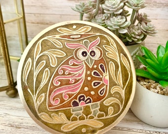 Groovy Owl Brass Trinket Dish, Enamel, Bowl Dresser Dish, Vintage 70s