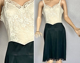 Vintage Slip Dress, Black and White, Sheer Illusion Lace, Nightie, Sweetheart, Nylon, Vintage 60s Lingerie
