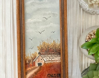 Peinture à l'huile de scène de campagne, grange, maison de ferme, tons de terre, encadré, oeuvre d'art signée des années 70 et 80