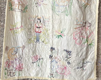 Embroidered Handmade Quilt, Fairy Tales, Story Book, Baby Blanket, Throw, Naptime, Toddler Bed, Worn Edges, Vintage Fabric