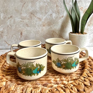 Vintage Stacking Mugs, Coffee Cups, Harvest Fruits, Pineapples, Teal Blue, Set 4, Mid Century 60s 70s image 5