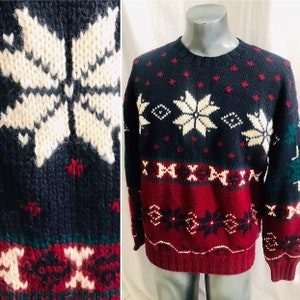 Wool Pull Over, Ski Sweater, Snowflake Design, Lord and Taylor, Chunky Knit, Vintage Excellent, Fits M-L image 1