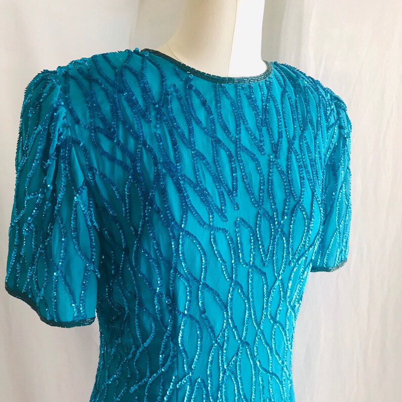 Wiggle Cocktail Vintage 80s 90s Teal Blue Beaded Dress Sequins