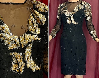 Beaded Sequin Cocktail Dress, Sheer Illusion, Gold Black, Ornate, Scala, Vintage