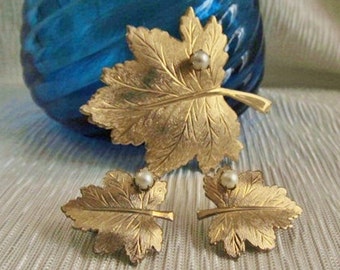 Maple Leaf, Fall Leaves Demi Parure 2-Pc Set, Statement Pin Brooch, Earrings, Sarah Coventry Vintage 60s
