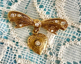 Vintage Heart Brooch, Dangle Drop Locket, Victorian Pin, Bow, Rhinestones, Granny Chic