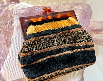 Mod Small Clutch, Velvet Chenille Fabric, Earth Tones Tapestry, Lucite Frame, Vegan Purse, Earth Colors