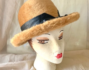 Vintage 60s Statement Hat, Faux Fur, Leather Trim and Bow, High Crown, Jacques Heim Paris