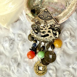 Asian Inspired Brooch, Dangle Pin, Natural Stones, Coin Charms, Statement Pin, Vintage