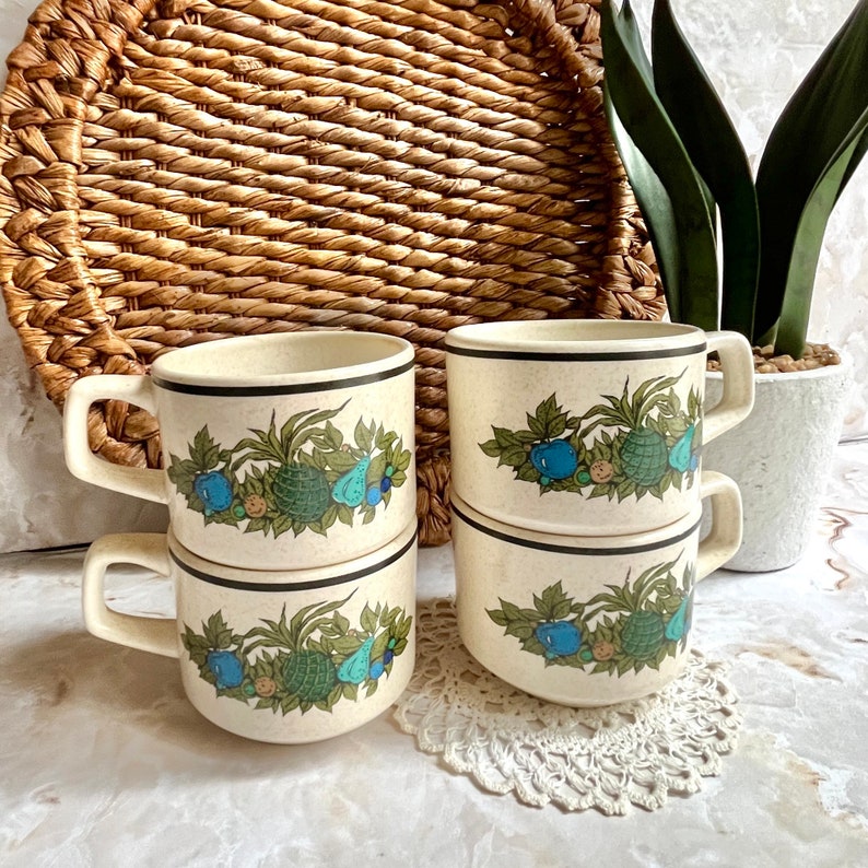 Vintage Stacking Mugs, Coffee Cups, Harvest Fruits, Pineapples, Teal Blue, Set 4, Mid Century 60s 70s image 1