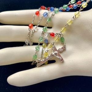 Vintage Rosary, Rainbow Colors, Crystal Beads, Our Lady, Religious Medals Charms, Catholic, Crucifix, Prayer
