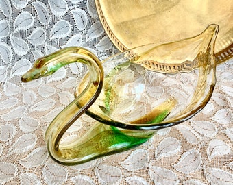 Glass Swan Dish, Swirl Blown Glass, Dresser Dish, Glass Bowl, Vintage 60s 70s