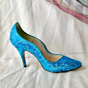 High Heels, Teal Blue Lace Overlay, Stilettos, Pointed Toe Shoes, Rockabilly Pin Up, Punk, Vintage 80s image 3