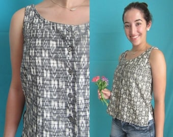 Tribal Vibe, Vintage Sleeveless Top, Ethnic Print, Cotton Button Down Front, Ikat, Size XS