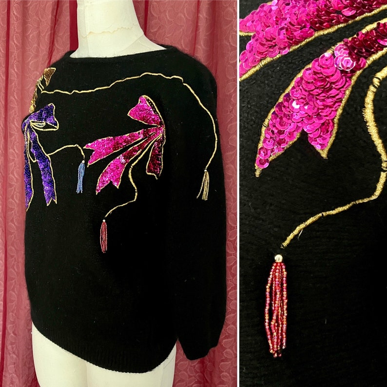 Beaded Pull Over Sweater, Sequins, Glitzy Top, Tassels Beads, Silk Angora, Vintage 80s Multi Bright Colors image 1