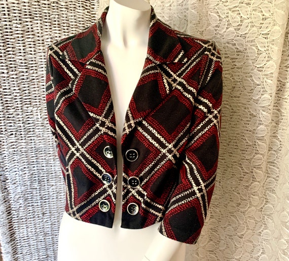 Vintage Plaid Blazer, Cropped Jacket, Red Black, … - image 6