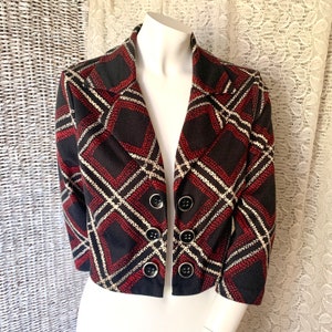 Vintage Plaid Blazer, Cropped Jacket, Red Black, Fits Size M, 80s 90s