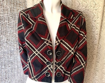 Vintage Plaid Blazer, Cropped Jacket, Red Black, Fits Size M, 80s 90s