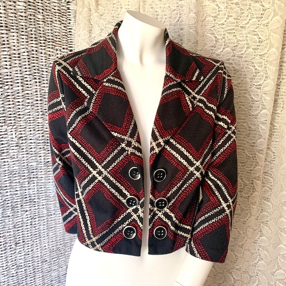 Vintage Plaid Blazer, Cropped Jacket, Red Black, … - image 1
