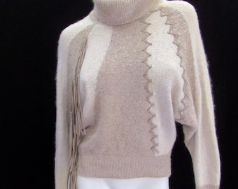 Silk Angora Sweater, Fringe, Pull Over, Turtle Neck, Soft Knit, Faux Suede Trim Vintage 80s 90s