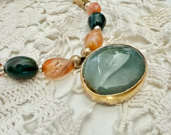 Natural Stone Statement Necklace, Brass Findings, Beads, Vintage