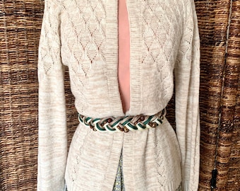 Vintage Cardigan Sweater, Open Weave, Pockets, Button Down