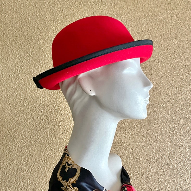 Red Wool Hat, Black Trim, Back Bow, Derby Style, Bowler, Vintage 80s 90s image 7