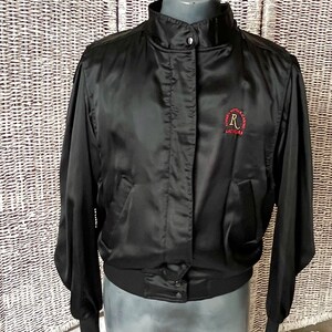 Las Vegas Black Satin Bomber Style Jacket, Riviera, Embroidered Windbreaker, Advertising, Metallic Lurex Stitching, Vintage image 5