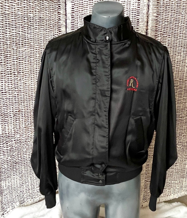 Las Vegas Black Satin Bomber Style Jacket, Riviera, Embroidered Windbreaker, Advertising, Metallic Lurex Stitching, Vintage image 5