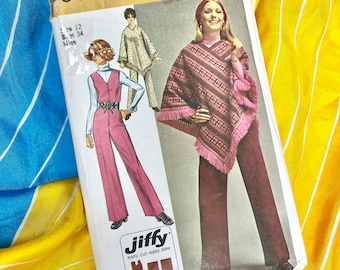 Vintage Sewing Pattern, Wide Leg Jumpsuit, Fringed Poncho, Simplicity 9066, Complete with Instructions