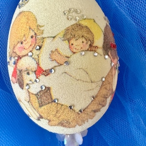 Vintage Jeweled Beaded Christmas Ornament, Hand Painted Egg, Crystal Rhinestones, Artisan Signed, Holiday Decor, Vintage