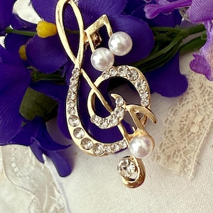 Treble Clef Bling Brooch, Sparkly Statement Piece, Large Size, G Clef Jewelry, Vintage Rhinestone Sparkly Pin